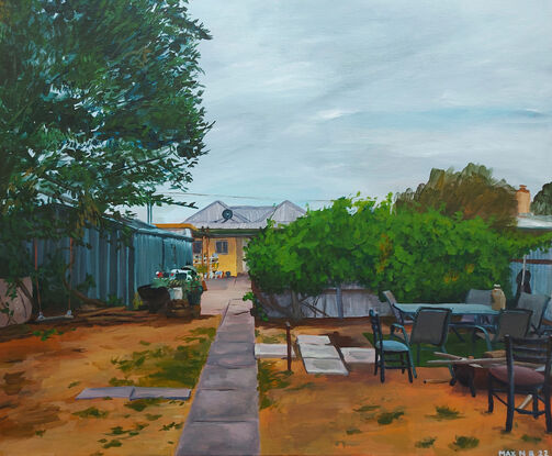 Painting of a suburban backyard with house, tree, shed, table and chairs and grapevine growing on fence.