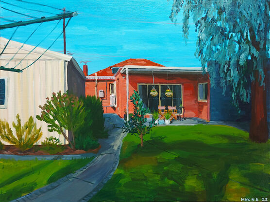 Painting of suburban house viewed from backyard with clothesline, shed and lawn.