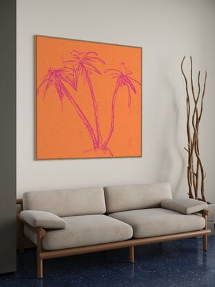 'Mataka' has been released as a limited edition 1 - 35. 'Mataka' meaning morning in Fijian, is a depiction of my childhood in Fiji, where I spent joyful days sheltering under the sun-drenched palm trees. This period holds a special place in my heart, and it's so vivid in my memory that I can draw a palm tree from it without hesitation.

The photographic printed background newsprint is made up of positive words, please look at the detailed photos to see this. I wanted to create the feeling of flight and movement to spread positivity and joy rather than what we seem to get in the news.