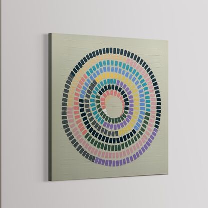 Cream  background, vibrant lines of rainbow making up a circular shape 