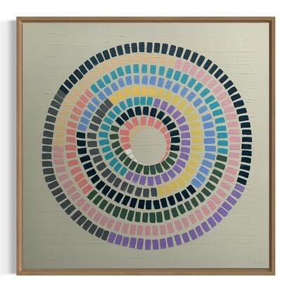 Cream  background, vibrant lines of rainbow making up a circular shape 