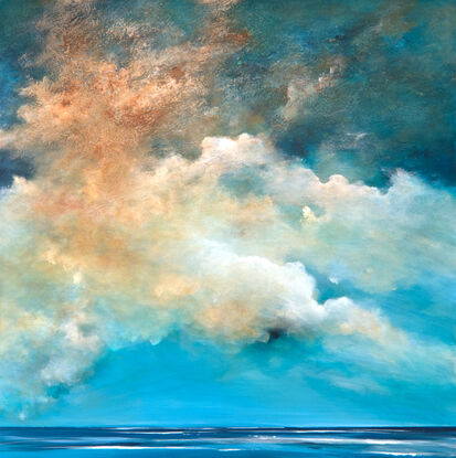 Dramatic  highly textured blue and ochre cloudscape over peaceful blue sea.

