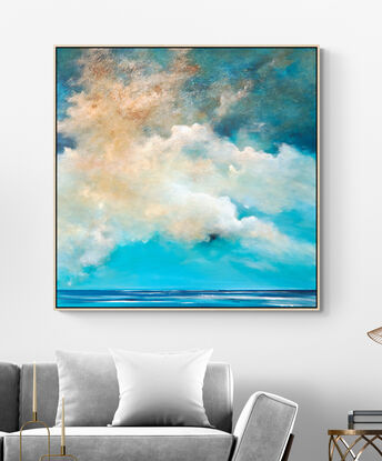 Dramatic  highly textured blue and ochre cloudscape over peaceful blue sea.

