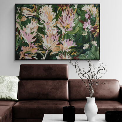 Large green and pastel pink abstract protea flower garden painting in an expressive style.