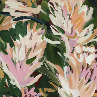 Large green and pastel pink abstract protea flower garden painting in an expressive style.