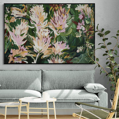 Large green and pastel pink abstract protea flower garden painting in an expressive style.