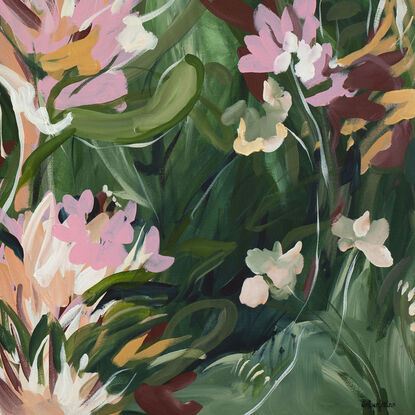 Large green and pastel pink abstract protea flower garden painting in an expressive style.