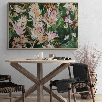 Large green and pastel pink abstract protea flower garden painting in an expressive style.