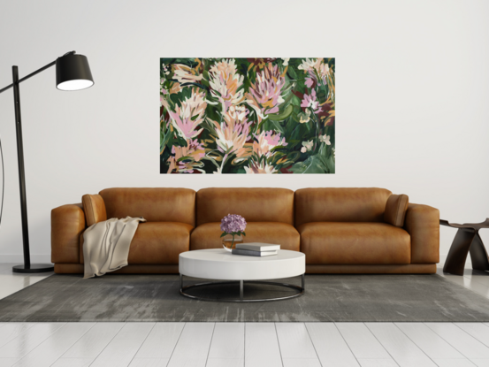 Large green and pastel pink abstract protea flower garden painting in an expressive style.