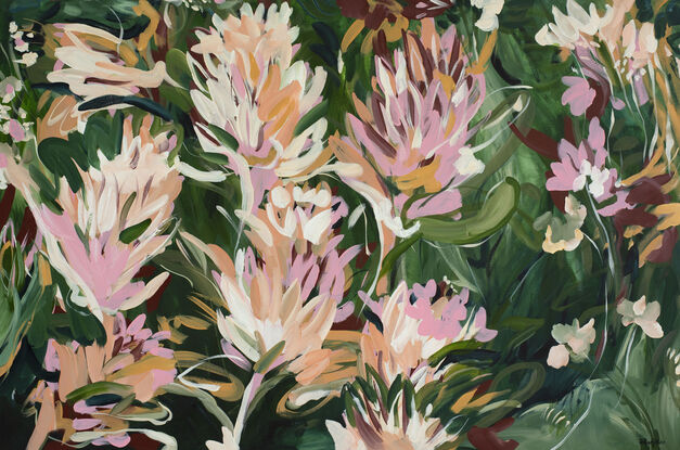 Large green and pastel pink abstract protea flower garden painting in an expressive style.