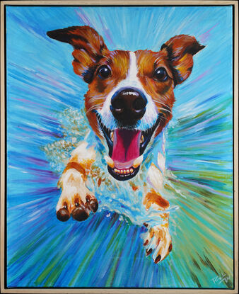 In the heart of an Impressionist canvas, a lively and delightful scene unfolds, capturing the spirited playfulness of a Jack Russell terrier as it leaps joyously out of the water. The strokes are swift, dynamic, and full of vivacity, epitomizing the essence of the moment.

The water, depicted in loose and flowing brushstrokes, takes on a mosaic of blues and greens, conveying the energy of the splash and the reflections of the surroundings. The surface of the water is a dance of color, suggesting both the depth and movement of the liquid medium.

Mid-leap, the Jack Russell steals the spotlight. Rendered with a sense of lightness and speed, the terrier's coat is a patchwork of whites, browns, and blacks, capturing the wetness of its fur and the dynamic motion of the jump. The artist uses expressive strokes to evoke the joy and spontaneity of the playful leap.

As the Jack Russell breaches the surface, droplets of water scatter in all directions. These are depicted as dynamic, almost ethereal specks of color, adding to the sense of movement and the sheer exhilaration of the scene. The surrounding environment is suggested with impressionistic touches, allowing the focus to remain on the joyful interaction between the terrier and the water.

This Impressionist painting captures not only the physical act of a dog leaping into water but also the emotional joy of the experience. It transcends detailed representation, inviting the viewer to engage with the playful exuberance of the scene. It's a celebration of movement, color, and the infectious enthusiasm of a Jack Russell terrier in its element.