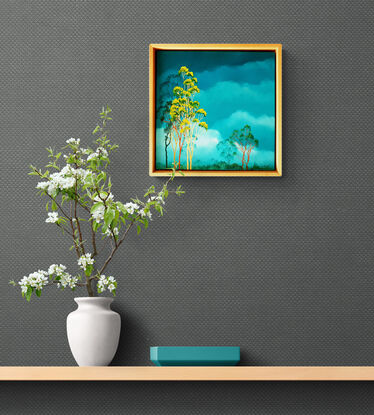 Oil painting, landscape, Australiana, ghost gum trees,  small, tall, reds and pink clouds, tree tops, floating frame