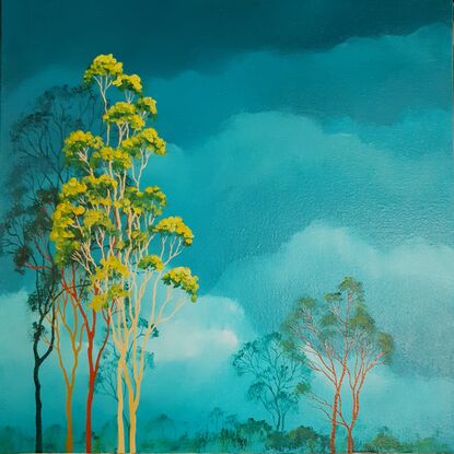 Oil painting, landscape, Australiana, ghost gum trees,  small, tall, reds and pink clouds, tree tops, floating frame