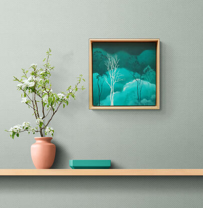 Oil painting, landscape, Australiana, ghost gum trees,  small, tall, reds and pink clouds, tree tops, floating frame