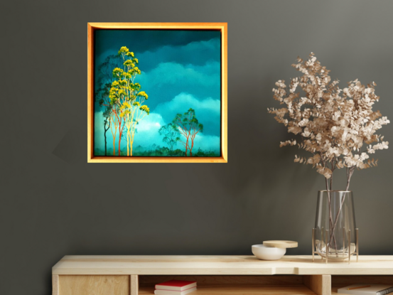 Oil painting, landscape, Australiana, ghost gum trees,  small, tall, reds and pink clouds, tree tops, floating frame