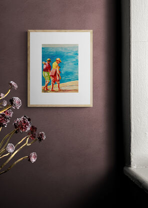 An artwork showing two elderly women walking barefoot in the white sands of a sunny beach .