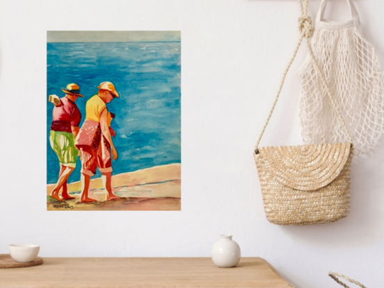 An artwork showing two elderly women walking barefoot in the white sands of a sunny beach .