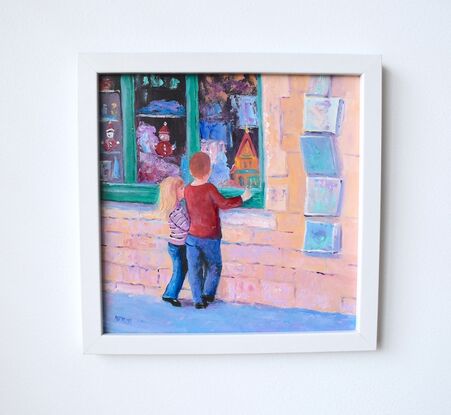 Christmas painting of two young children peering into a gift store at the toys displayed. 