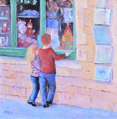 Christmas painting of two young children peering into a gift store at the toys displayed. 