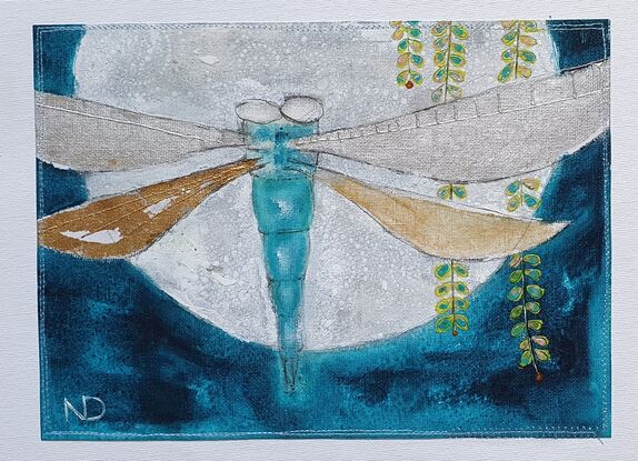 small oil painting of dragonfly flying over full moon background