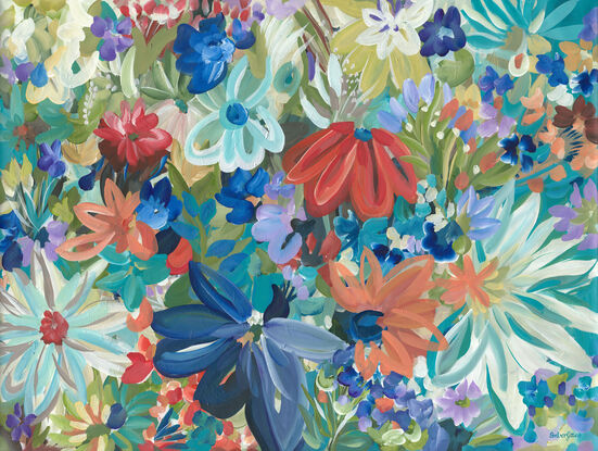 Modern colourful abstract canvas print of an modern blue tropical flowers  in a style of expressionist landscape with warm red and blue tropical flowers in bloom