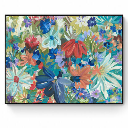 Modern colourful abstract canvas print of an modern blue tropical flowers  in a style of expressionist landscape with warm red and blue tropical flowers in bloom