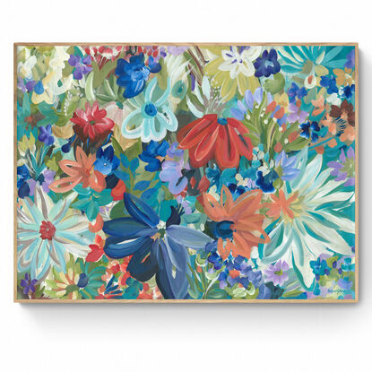 Modern colourful abstract canvas print of an modern blue tropical flowers  in a style of expressionist landscape with warm red and blue tropical flowers in bloom