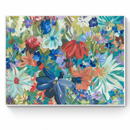 Modern colourful abstract canvas print of an modern blue tropical flowers  in a style of expressionist landscape with warm red and blue tropical flowers in bloom