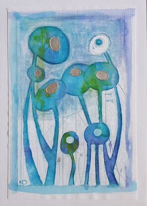 Small oil painting of abstract blue poppies