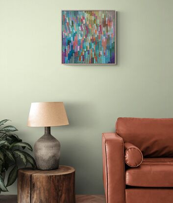 Dark background, in blues and greens reaching a golden glow at the top, covered in a veneer of mark making individual brush strokes. in sage olive and teal greens light blues and ochre and orange, with accents of lilac and purple.