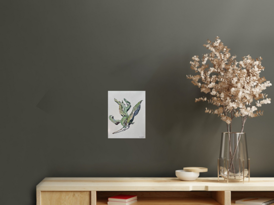 A minimalist impressionist watercolour of a cluster of eucalyptus/gum leaves casting a dramatic shadow. The shapes formed by the leaves and shadows are reminiscent of a bird taking flight.