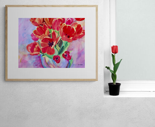 An artwork showing a vase of variegated red and yellow tulips.