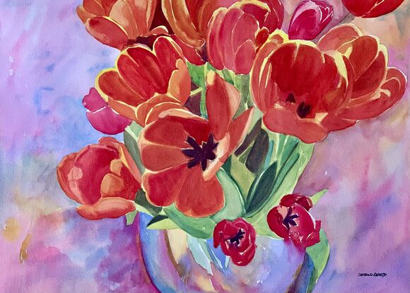 An artwork showing a vase of variegated red and yellow tulips.