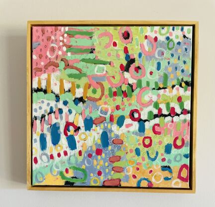 Vivid pink, blue, yellow, green and white colors presentation for abstract cottage garden