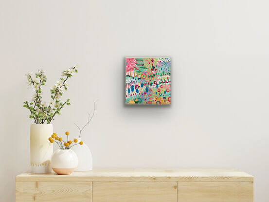 Vivid pink, blue, yellow, green and white colors presentation for abstract cottage garden