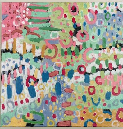 Vivid pink, blue, yellow, green and white colors presentation for abstract cottage garden