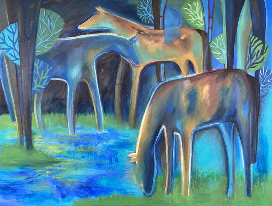 Three ponies graze in a meadow dotted by trees. A meandering stream washes their feet. The lush grass and shade dappled trees provide a serene harbour where they are content.