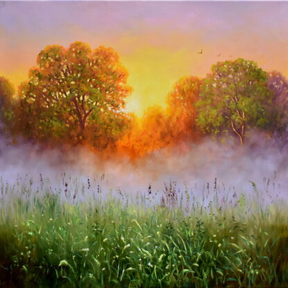 Landscape painting with sunrise over woods and meadow covered in fog