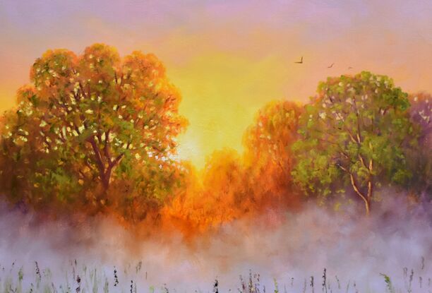 Landscape painting with sunrise over woods and meadow covered in fog