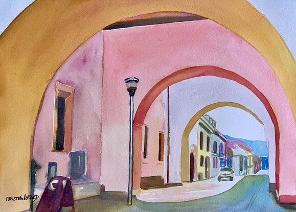 An artwork showing an arched passageway onto a quiet street beyond.