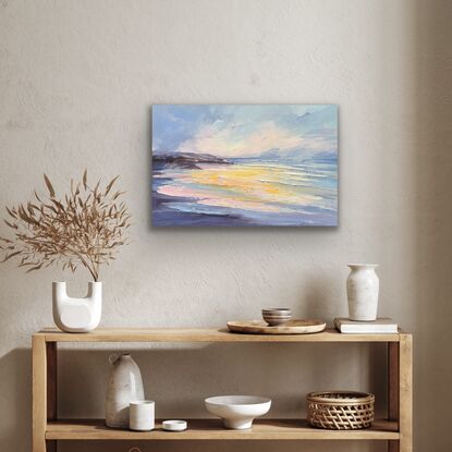 Seascape painting with orange and blue colours.