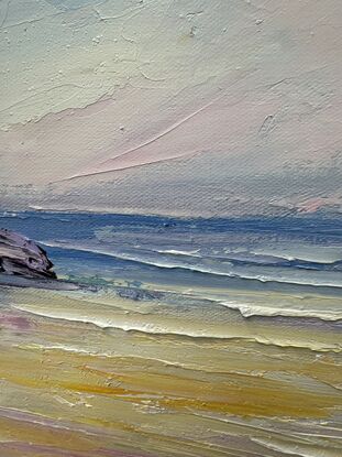 Seascape painting with orange and blue colours.