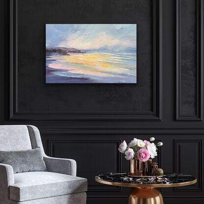 Seascape painting with orange and blue colours.