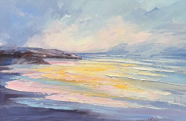 Seascape painting with orange and blue colours.