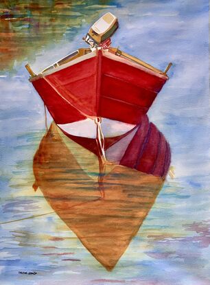 An  artwork showing a red row boat moored in a lake.