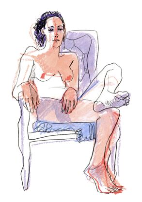 A coloured drawing of a naked woman sitting on an arm chair. One leg rests on another. She is relaxed. The drawing is in flesh coloured pastel and black line. 