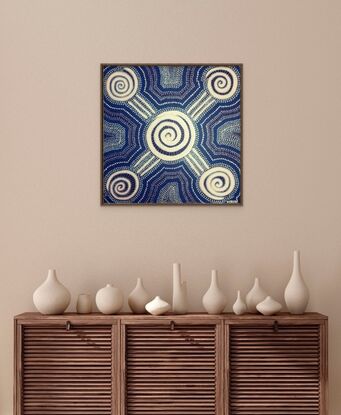 Aboriginal design white swirls with blue dots