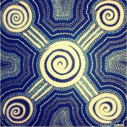 Aboriginal design white swirls with blue dots