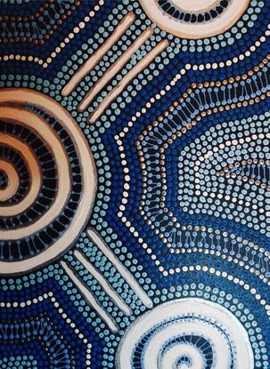 Aboriginal design white swirls with blue dots