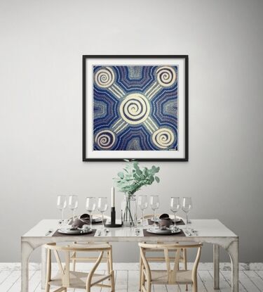 Aboriginal design white swirls with blue dots